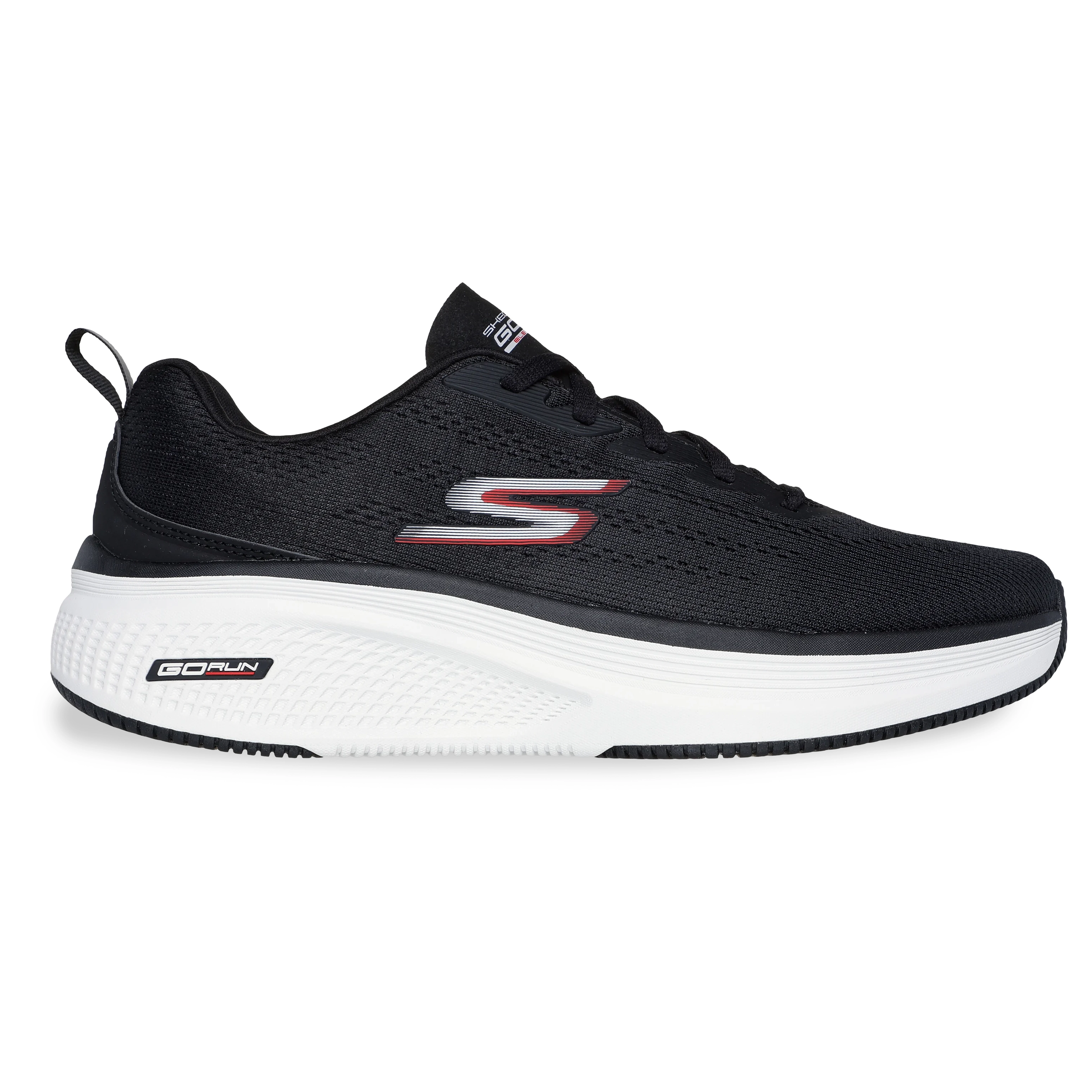 Tênis masculino Skechers Fluid Motion preto com detalhes em branco e vermelho, material têxtil e sintético, design esportivo para corrida
